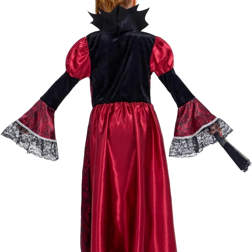 Girls Gothic Vampire Costume Dress Red Black Lace Halloween Size 10-12 Cosplay